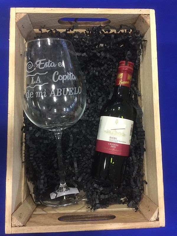 Botella De Vino Y Copa Personalizada Set de Copa de Vino + Caja Madera + Botella Vino